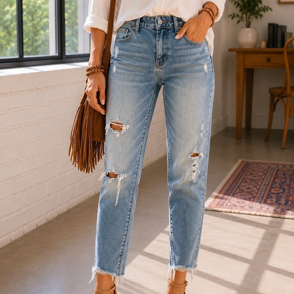 White House Black Market Skimmer Jeans Light Wash Distressed Frayed Hem Size 4